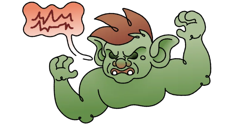 A snarling troll flexing, beside a speech bubble of angry scribbles