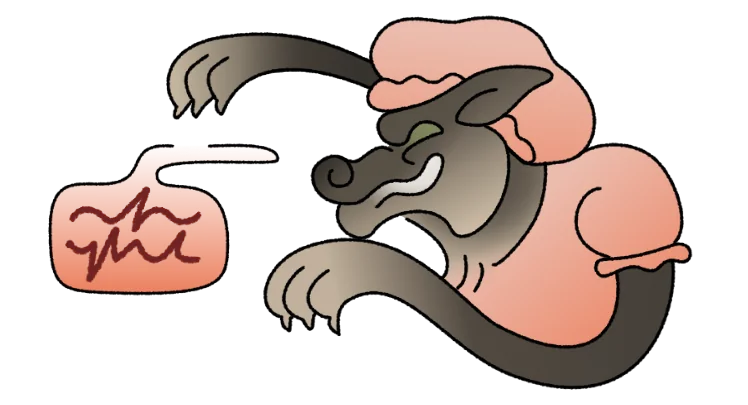 A wolf in sheep's clothing, grinning at a speech bubble of scribbles